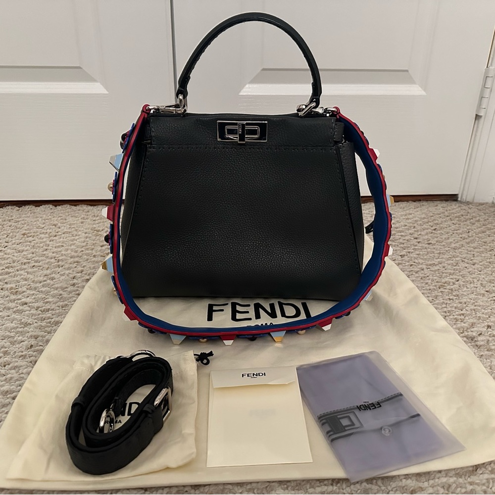 Fendi Vitello Seta Medium Peekaboo Iconic Satchel In Carbone
